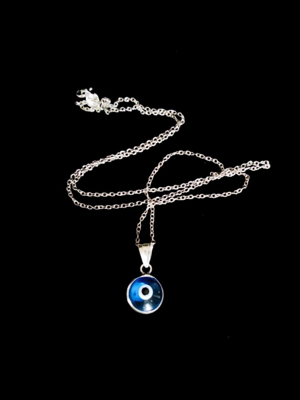 Vintage 90s Sterling Silver Evil Eye Pendant Necklace 18” 925 Blue